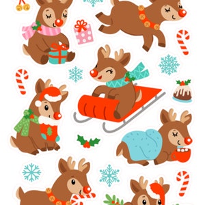 Stickers de Noël Rudolph le renne, vacances, hiver, enfants, agenda, flocons de neige, joie, cannes de bonbon
