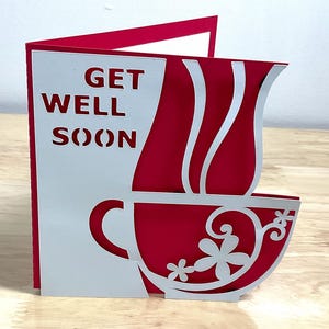 Carte Get Well Soon, thé, café, chaud, fleurs, mieux, malade, hôpital, opération, tasse, ami, famille
