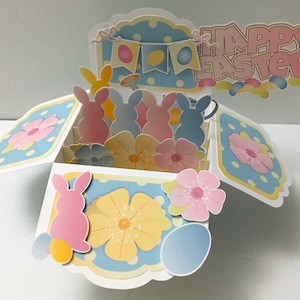 Carte de boîte pop-up de lapin de Pâques , Vierge à l’intérieur , Imprimé , Fleurs , Oeufs , Chocolat , Printemps , Vacances , Enfants , Adultes