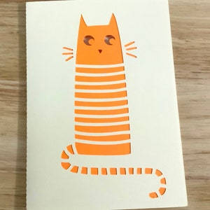Carte chat rayé orange , intérieur vierge , moustaches , miaou , minou , animal de compagnie , famille , ami , bonjour