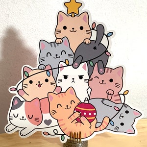 Grand sticker arbre de chat de Noël en vinyle, lumières, étoile, mignon, festif, adorable, pattes, miaou