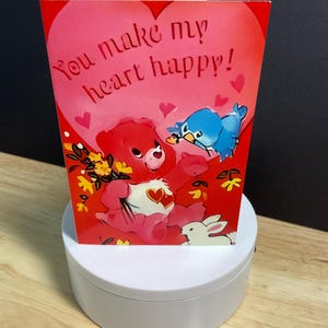 Carte rétro Bisounours , J'aime beaucoup , Oiseau bleu , Lapin , Saint-Valentin , Mignonne , cœur , Fleurs , Rétro