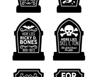 Halloween Tombstone Stickers , Skull , Spooky , Chilling , Bat , Black , Witch , Moon , Grave