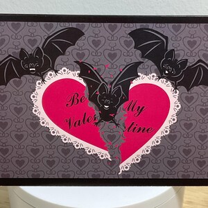 Carte de Saint-Valentin gothique, chauves-souris, coeur, coup de coeur, dentelle, noir, rose, cassé, ami, conjoint