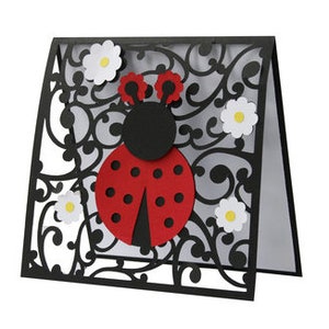 Ladybug Flourish Square Card , Vierge à l’intérieur , Printemps , PaperCut , Fleurs , Famille , Amis , Collègue , Élégant , Simple