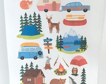 Camping Stickers , Wild , Woods , Animals , Tents , Trailer , Fire , Cabin , Travel , Craft , Scrapbooking , Kids , Adults