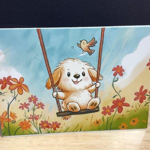 Carte d'été pour chien, se balancer, oiseau, joyeux, amusement, fleurs, jardin, ludique, famille, amis