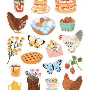 Stickers rustiques , Loisirs créatifs , Poulet , ufs , Crêpes , Poule , Fleurs , Papillon , Nature