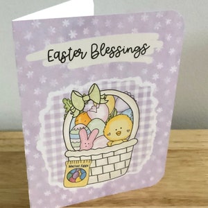 Bénédictions de Pâques, Carte, Intérieur vierge, Imprimé, Violet, Poussin, Lapin, Oeuf, Panier, Chasse, Bonbons, Enfants