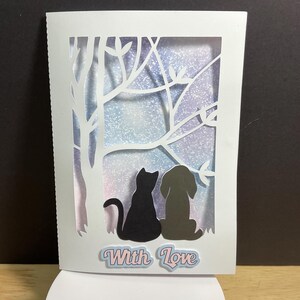 Carte amour chien et chat, arbre, adorable, amis, amis, ciel, étoiles, couple
