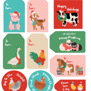Étiquettes de Noël pour animaux de ferme, cochon, vache, poulet, oie, chèvre, agneau, cheval, couronne, vacances, cadeaux