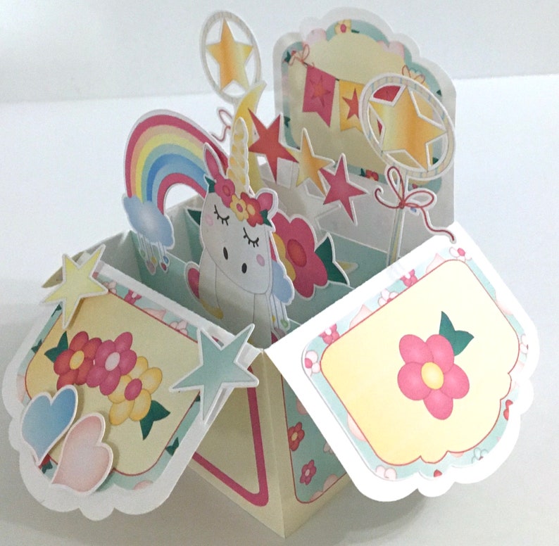 Unicorn Magic Pop up Box Card , Stars , Flowers , Rainbow , Hearts ...