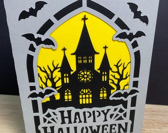 Happy Halloween Card , Haunted Church , Creepy Trees , Bats , Graves , Dark , Mysterious , Friend , Family , Gift , Kids