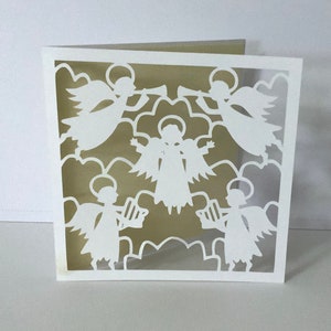 Carte des anges glorieux , vierge à l'intérieur du e, harpe , halo , nuages , ailes , cor , vacances , paix