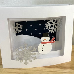 Carte Bonhomme de neige Shadow Box , Noël , Vacances , Hiver , Meilleurs voeux , Flocons de neige , Papercut , 3D , Pop-up