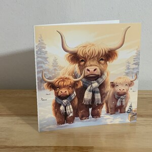 Carte d'hiver Vache des Highlands, Imprimée, Blanc à l'intérieur de l'e, Vaches, Famille, Amis, Noël, Neige, Froid, Forêt