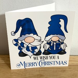 Carte de joyeux Noël gnome, bonbon, cadeau, festif, amis, famille, joie, bleu, tartan buffle
