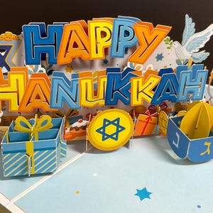 Carte pop-up Happy Hanukkah, fête juive, Jérusalem, Kislev, Shammash, Dreidel