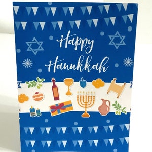 Carte Happy Hanukkah , Intérieur vierge , Imprimé , Dreidel , Menorah , Célébration , Lumière , Bougies , Merveilles , Miracles , Famille