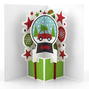 Carte de Noël extrême pop up , Imprimée , Boule à neige , Voiture rouge , En voiture , Sapin de Noël , Hiver , Cadeau , Famille , Amis