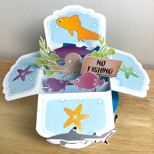 Carte boîte pop-up No Fishing, poisson, requin, étoile de mer, plantes, poisson rouge, poulpe, enfants, eau, cadeau