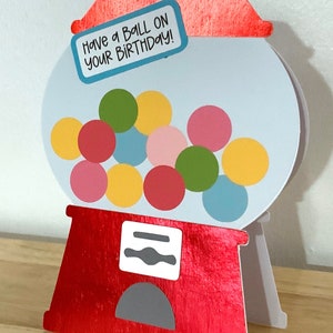 Carte d'anniversaire classique avec machine à boules de gomme , intérieur vierge , enfants , adultes , rétro , brillant , bonbon , pièce de monnaie