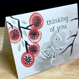 Carte Thinking of you , Papillon , Baies , Branche , Aquarelle , Imprimé