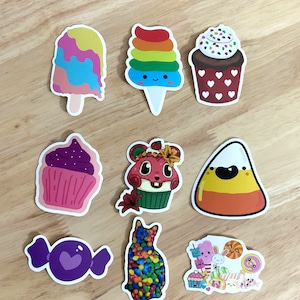 Autocollants en vinyle bonbons, bonbons au maïs, barbe à papa, cupcakes, bonbons durs, friandises, pépites, enfants