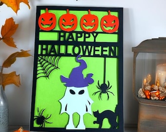Happy Halloween Karte, SVG, Digital, Kürbisse, Spinne, Geist, Katze, Netz, Scary, Creepy