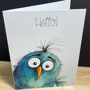 Carte Hello Bird Pocket , Famille , Ami , Bonjour , Plumes , Mignonne , Animal , Grands yeux , Bleu