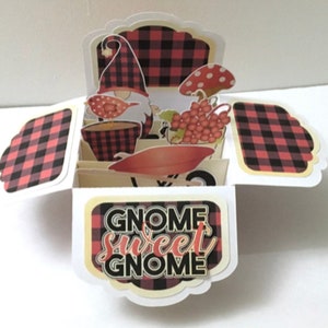 Gnome Sweet Gnome Pop Up Box Card , Blanc , Plaid , Rouge , Jardin , Oiseau , Fleurs , Champignon , Bonne Chance