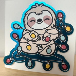 Carte de Noël paresseux avec lumières , Mignon , Festif , Animal , Doux , Vacances