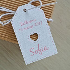 20 Tags/Biglietti per bomboniera Battesimo con cuore traforato