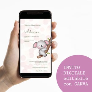 Può includere: Un invito digitale per il battesimo visualizzato su uno smartphone con un'illustrazione ad acquerello di un koala su un ramo su sfondo rosa chiaro a pois. Il testo include i dettagli per il battesimo di Alice il 26 giugno 2016.