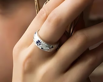 Handmade Silver Ring For Her, Flower Ring Gift For Mother, Personal Silver Jewelry Gifts, Dainty Pendant Gifts Silver Cornflower Enamel Band