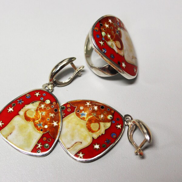 Silver Cloisonne Red Enamel Ring, Earrings Cloisonne Set. Klimt jewelry, Red jewelry, hot enamel. Bright Colorful jewelry, Red ring, modern