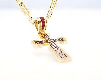 Collana con croce in oro massiccio fatta a mano, collana di protezione in oro 18K e 14K per lei, gioielli cristiani per lui, regalo ortodosso, regalo con croce cattolica