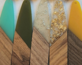 CLOSEOUT 3 pairs Teardrop Wood and Resin Earring Charms: Acrylic Connector, Handmade Craft (66x17x3mm)