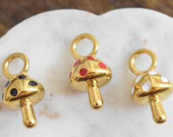 Gold Plated Mushroom Charm: Enamel Stainless Steel Pendant