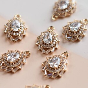 Gold Cubic Zirconia Leaf Pendant Charms: Handmade Jewelry Supplies (2 Pieces)