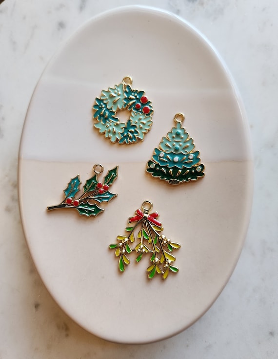 2 or 6 Christmas Holiday Enamel Charms Tree Wreath Holly    handmade  craft  earring Jewelry,