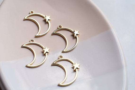 Gold Star Moon Charm Connector: Shiny Gold Plated, 25x17mm