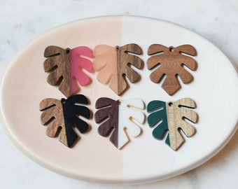 CLOSEOUT 10 PAIRS Monstera Wood Acrylic Charm Connector Earring    handmade  jewelry,