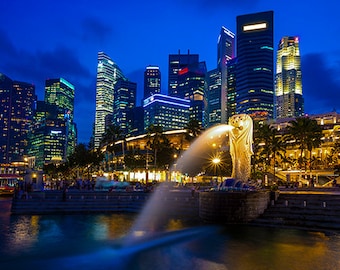 Singapore - Skyline in commercial District on Merlion Park shine at dusk - SKU 0057