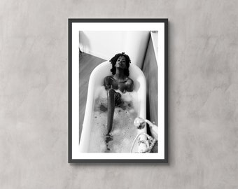 Young black woman in the bath - African Art Print Black and White Wall Decor