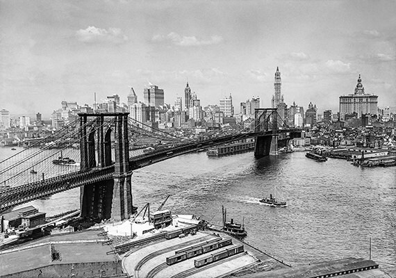 Brooklyn Bridge New York City Skyline 1910 Photo Canvas Wall Art Print Poster