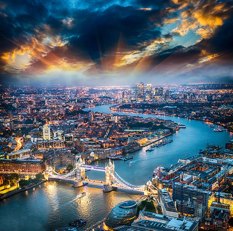 United Kingdom London Aerial view of Tower Bridge at dusk SKU 0052 image 1