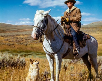 Shepherd with his horse and dog on Gravelly Range, Madison County, Montana - 1939 - vintage photo - SKU 0183