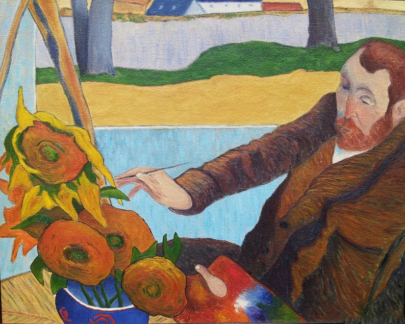 Van Gogh Painting Sunflowers by Paul Gauguin. Hand Made Oil