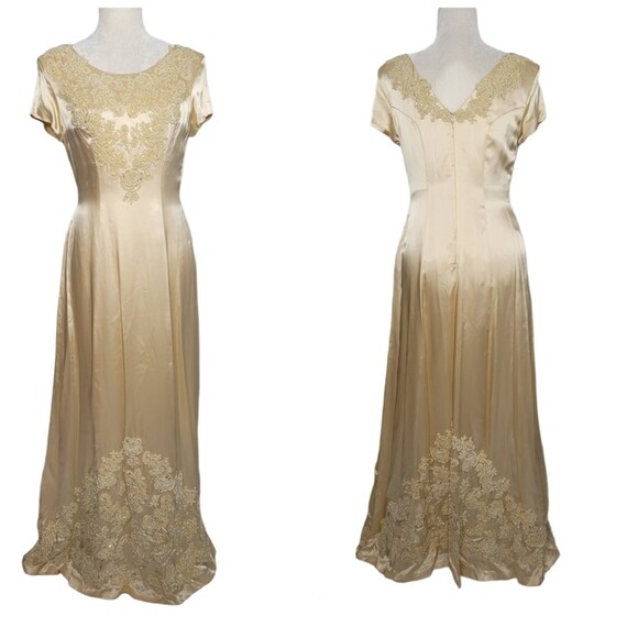 VTG 80s does 30s embroidered beaded satin gown
